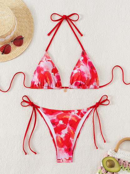 Women Printed Lace-up Bikini Split Swimsuit Swimwear