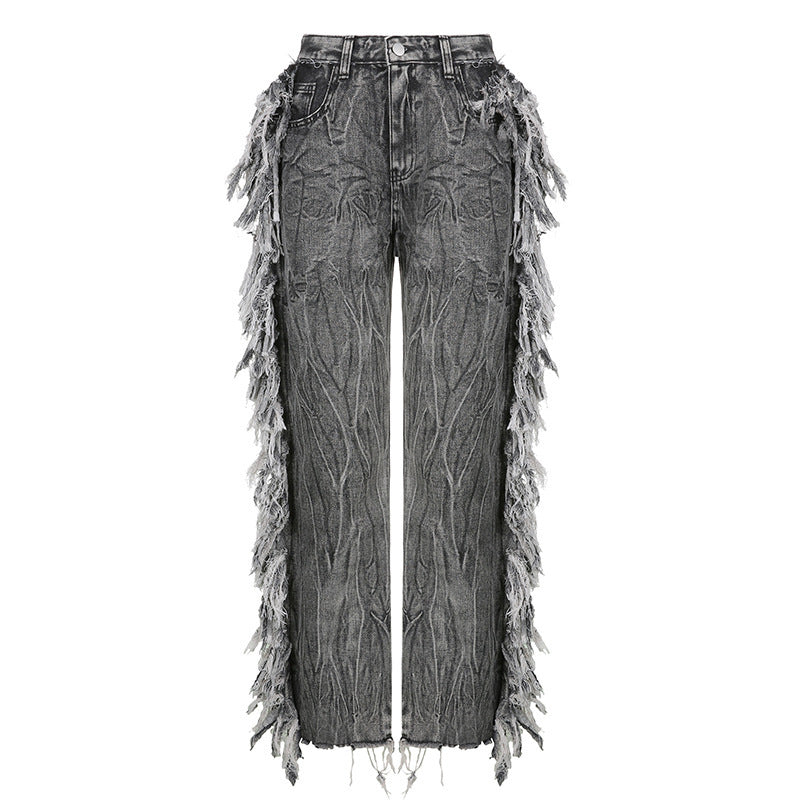 Fashion Ladies Gray Raw Edge Tie-Dye Jeans