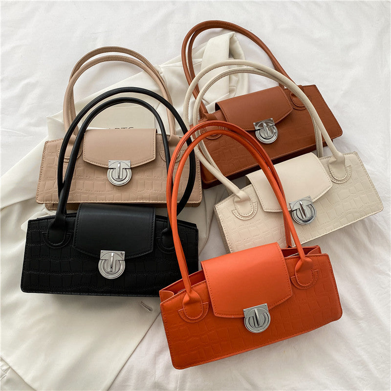 Solid Color Shoulder Contrast Color Western Style Lock Small Square Bag