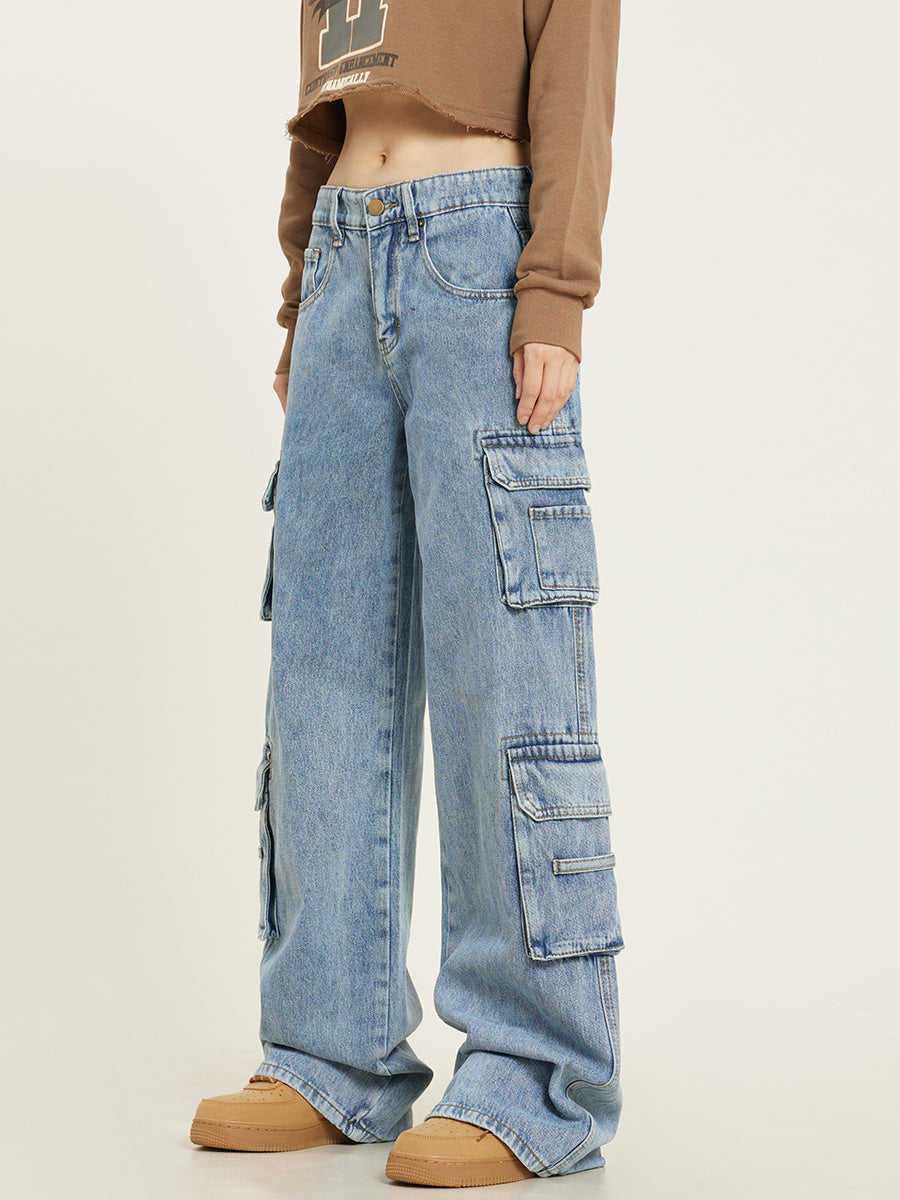 Retro Washed Multi-pocket Jeans Women's Overalls Straight Casual Pants