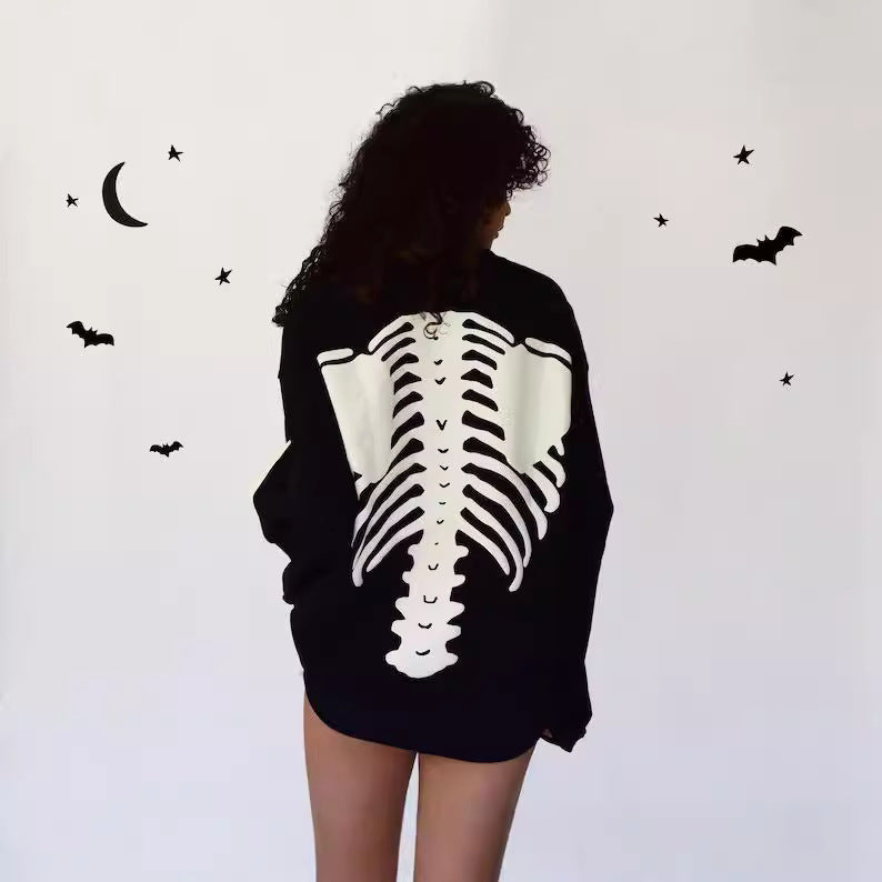 Bone Skull Dark Retro Long Sleeve Round Neck