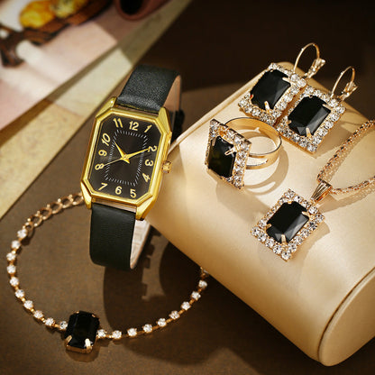 Leather Women's Watch Square Quartz Watch Set