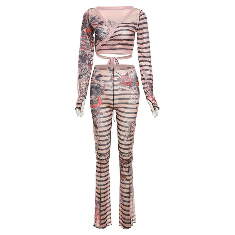 Digital Printing High Waist Slim Trousers Suit Women