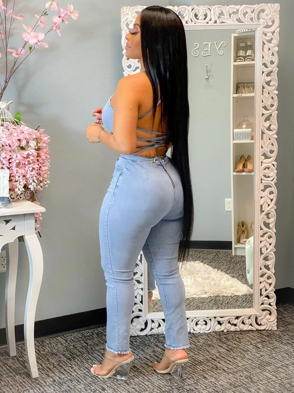 New Casual Slim Sexy Backless Bandage Suspenders Denim Jumpsuit