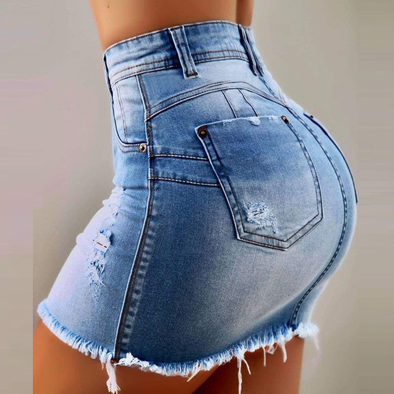 Gradient Color Ripped Sexy Zipper Bag Hip Denim Skirt