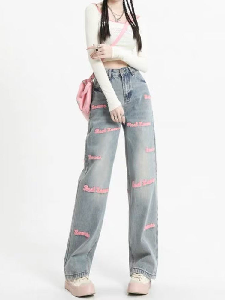 Letter Embroidered Straight Jeans Design