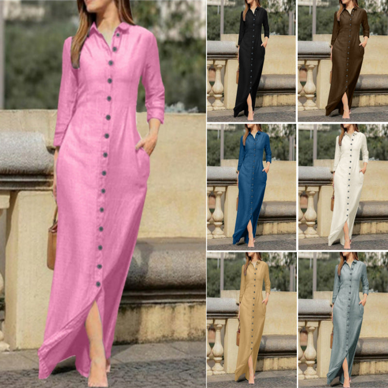 Women's Elegant Fashion Unisex Style Long Sleeve Lapel Cardigan Solid Color Long Cotton Linen Dress