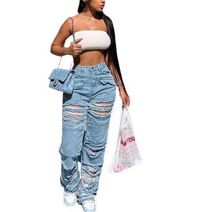 Women's High Waist Zipper Straight Ripped Jeans