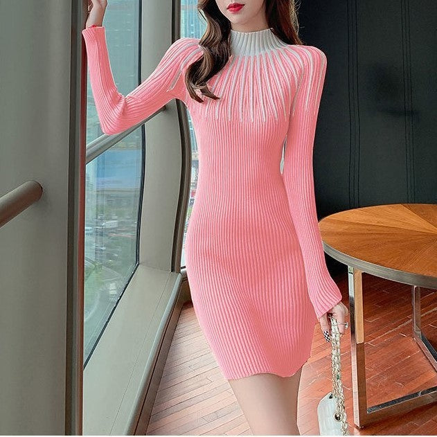 Black And White Contrast Color Knitted Dress Half Turtleneck Mid-length Sweater Hip Skirt