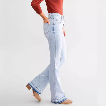 Women's High Waist Button Row Elastic Denim Pants