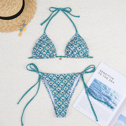 Women Printed Lace-up Bikini Split Swimsuit Swimwear