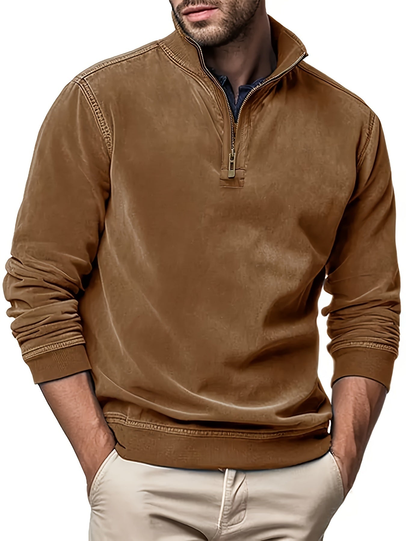 Men Sweatshirts Solid Color Stand Collar Zipper Long Sleeve Tops Fall Winter Casual Pullovers