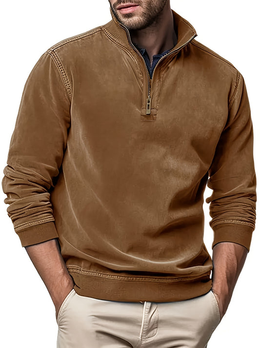 Men Sweatshirts Solid Color Stand Collar Zipper Long Sleeve Tops Fall Winter Casual Pullovers