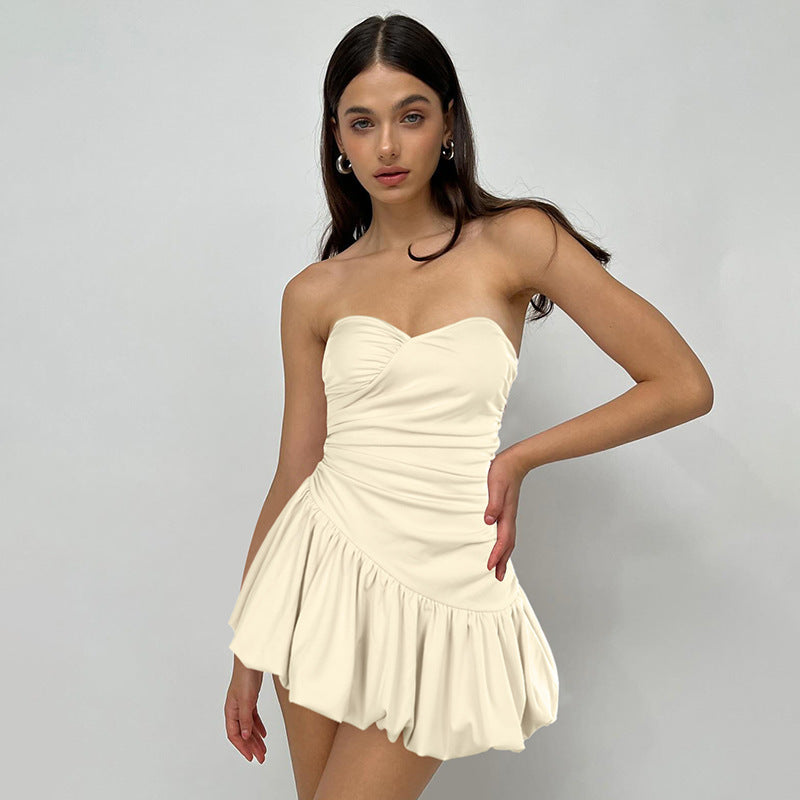 Summer Women's Tube Top Pleated Waist Slimming Dress