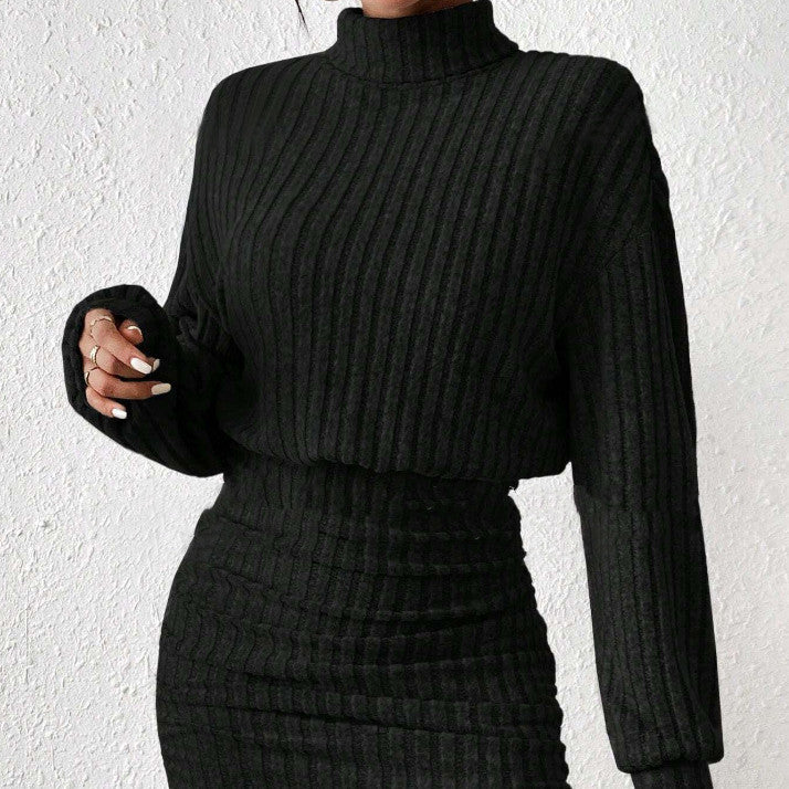 Long Sleeve High Neck Ribbing Woolen Knit Suit