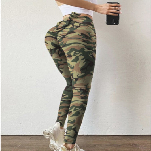 Bow Knot Cutout Skinny Camouflage Print High Waisted Belly Lifting