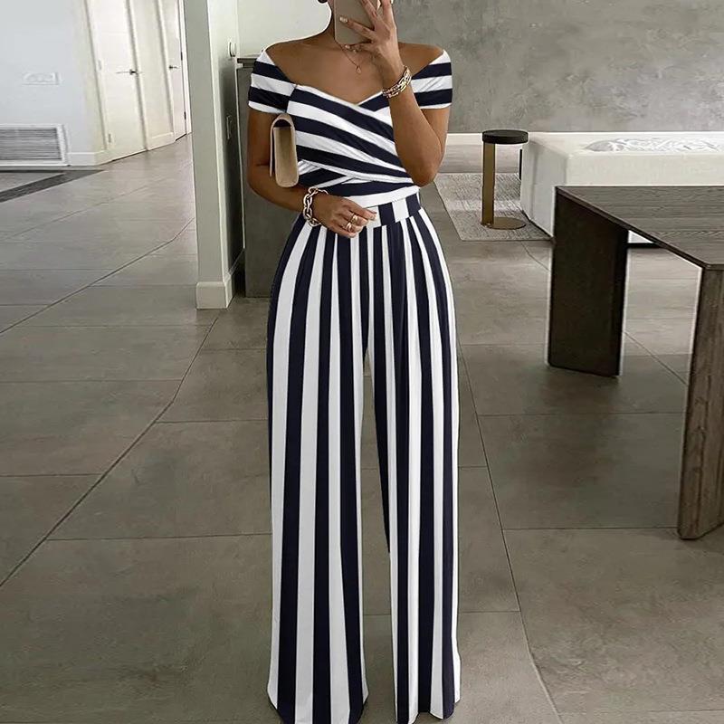 Fashion Off-shoulder Printed Temperament Commute Casual High Waist Jumpsuit Women