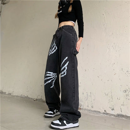 Vintage Print Loose Slim Jeans High Waist Straight Pants