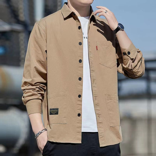 Casual Lapel Long Sleeve Shirt With Pockets Spring And Autumn Jacket Shirt Men's Tops