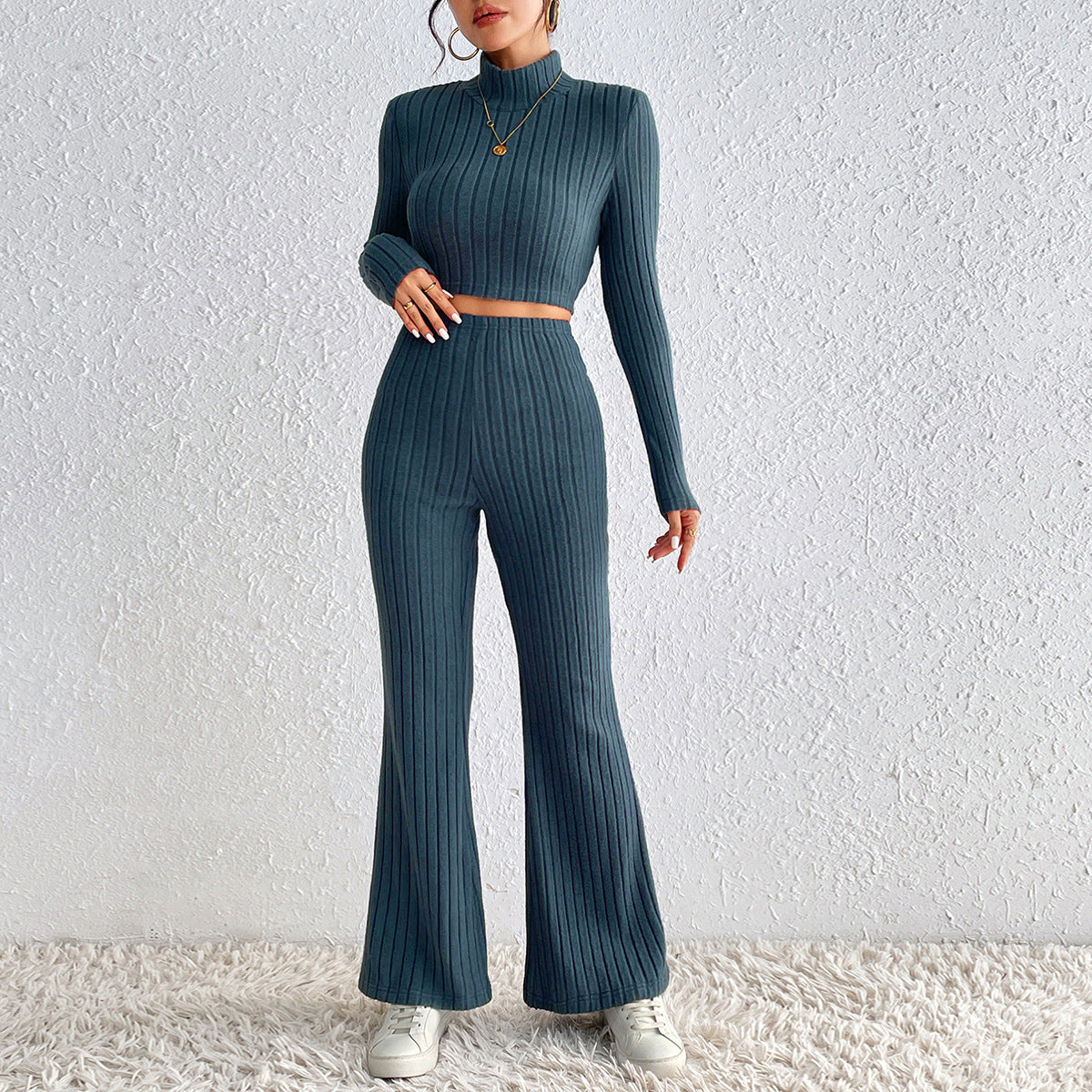 Solid Color Knitted Long Sleeve Turtlenecks Wide Leg High Waist Trousers Suit