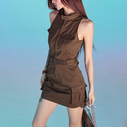 Grey Brown Standing Collar Sleeveless Vest Dress