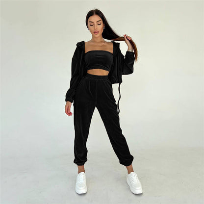 All-matching Solid Color Hooded High-waisted Trousers Suit