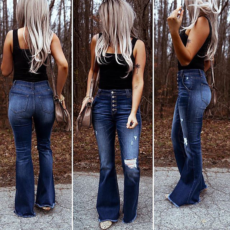 Ripped High-rise Stretch Slim-fit Flared Jeans