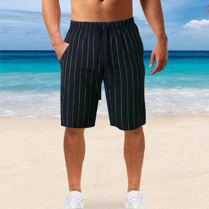 Men's Striped Lace-up Elastic Waist Casual Shorts