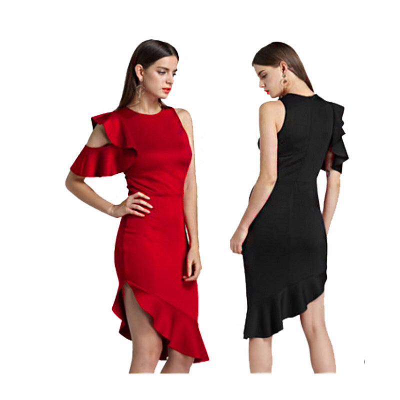 Women's Clothing Autumn And Winter New Evening Dress Off-the-shoulder Ruffled Dress