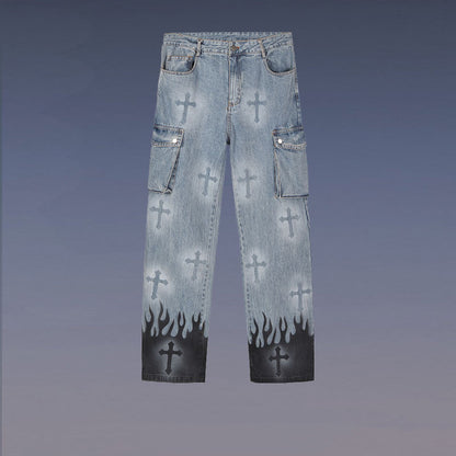 High Street Retro Cross Graffiti Loose Straight Jeans