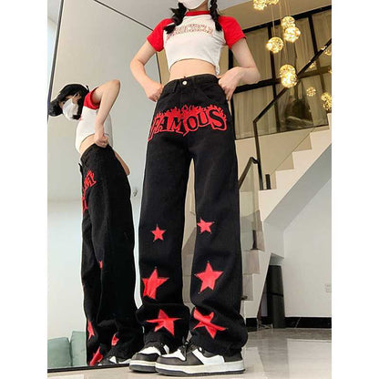 Red Star Letters Jeans For Women High Waist Casual Trousers