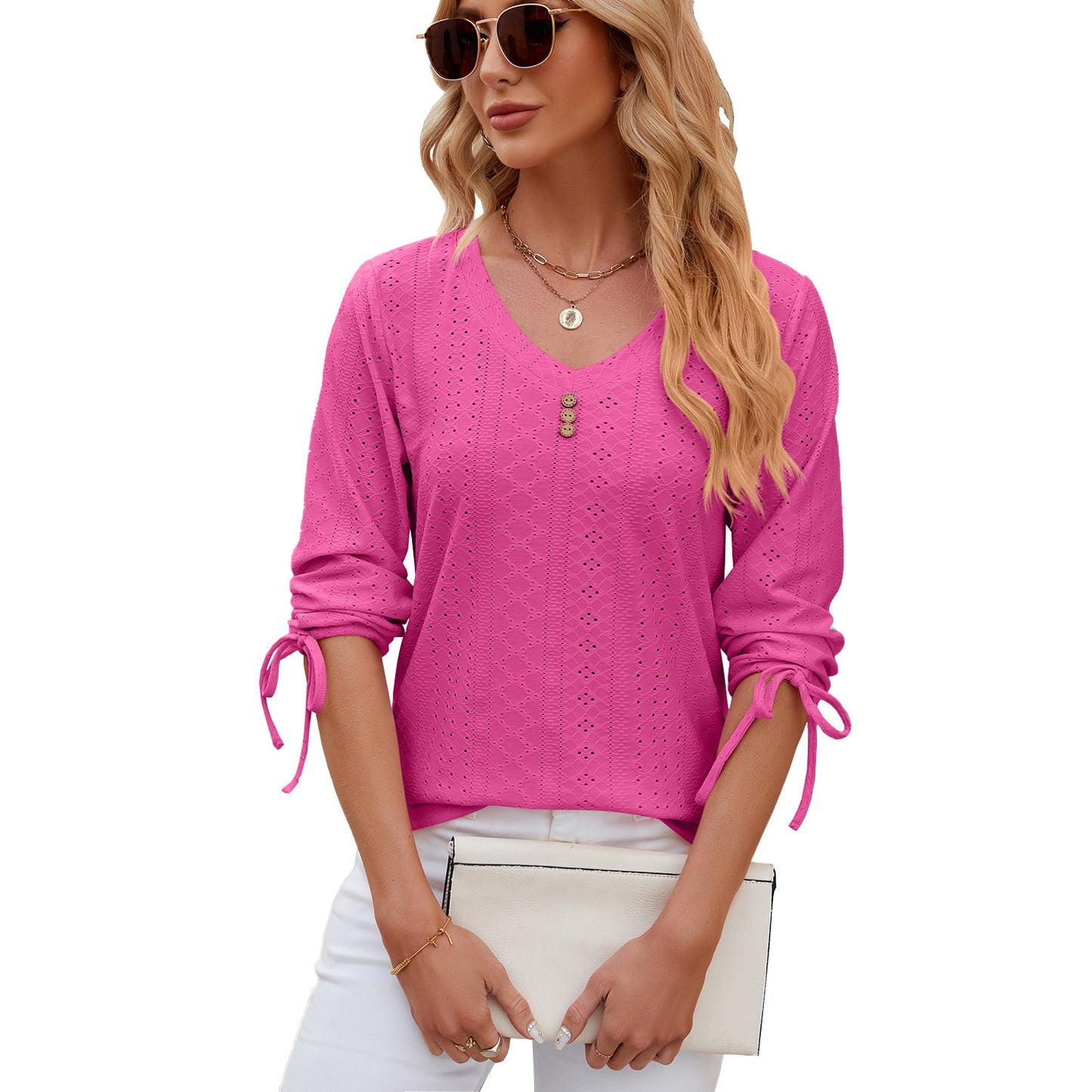 Button V-neck Solid Color Half Sleeves Loose-fitting T-shirt Top