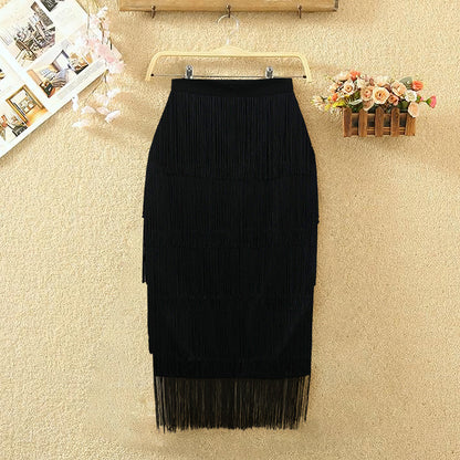 High Waist Patchwork Tassel Skirt Slim Wrap Hip Skirt