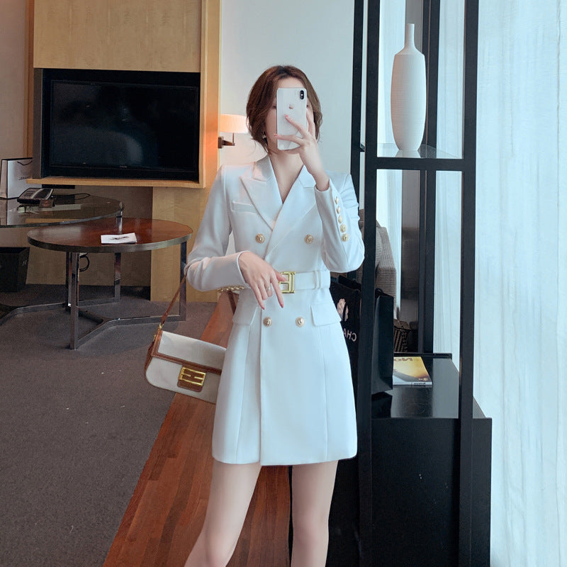 High Waist Slim Double-breasted Suit Collar Dress