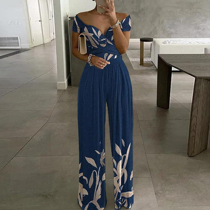 Fashion Off-shoulder Printed Temperament Commute Casual High Waist Jumpsuit Women