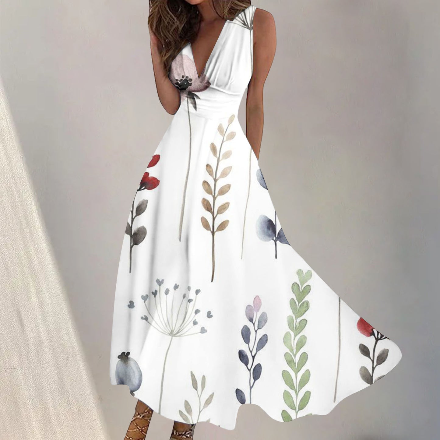 Women's Digital Printing Fashion V-neck Swing Long Dress