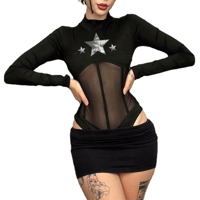 Tuned Waist Tight Thin Five Pointed Star Printed Knitted Top