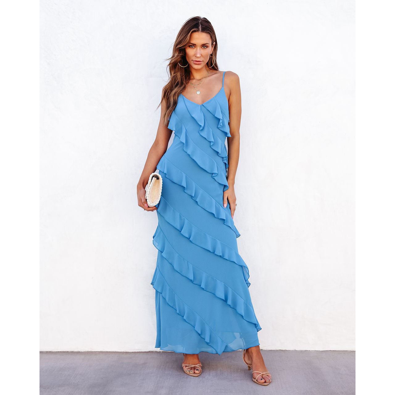 U Neck Shoulder Drop Wave Slim Side Split Dress