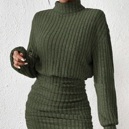 Long Sleeve High Neck Ribbing Woolen Knit Suit