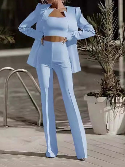 Fashion Commute Midriff-baring Solid Color Suit Suit