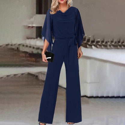 Fashion Solid Color High Waist Lace Up Casual Jumpsuit Straight-leg Pants Women