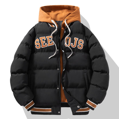 Fashion Letter Hooded Cotton Coat Winter Warm Solid Zipper Jacket For Men Teenagers Clothing