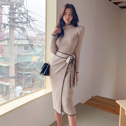 Retro Minority Half Turtleneck Slim Fit Temperament Color Matching Dress Women