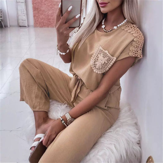 Women's New Lace Stitching Coat Wide Leg Pants Casual Suit