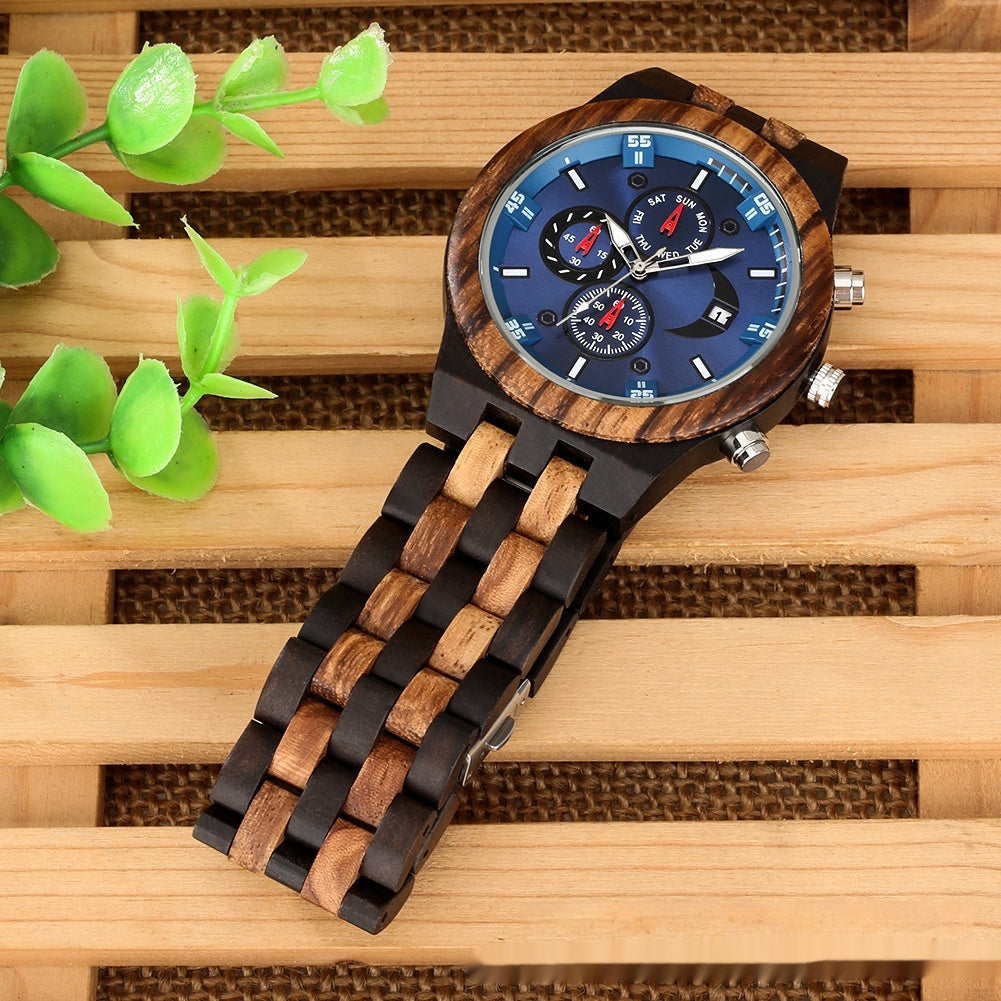 New Multi-functional Calendar Full Wood Band Quartz Watch