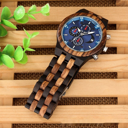 New Multi-functional Calendar Full Wood Band Quartz Watch