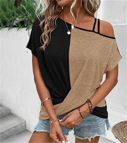 Two-color Color Cotton Stitching Women's Shoulder Strap T-shirt Cross Short Sleeve Top