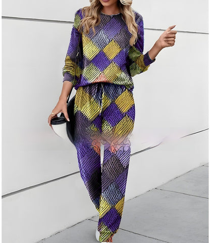 Round Neck Printed Top And Trousers Casual Suit