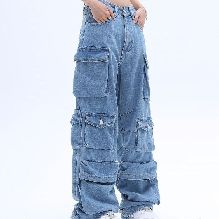 High Street Multi-pocket Washed Baggy Jeans