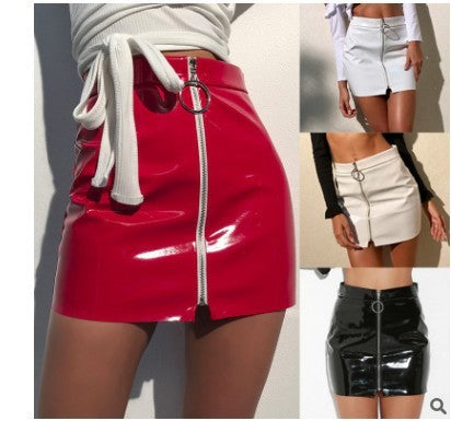 Ring Zipper Short Skirt Bright Leather PU Slim Skirt